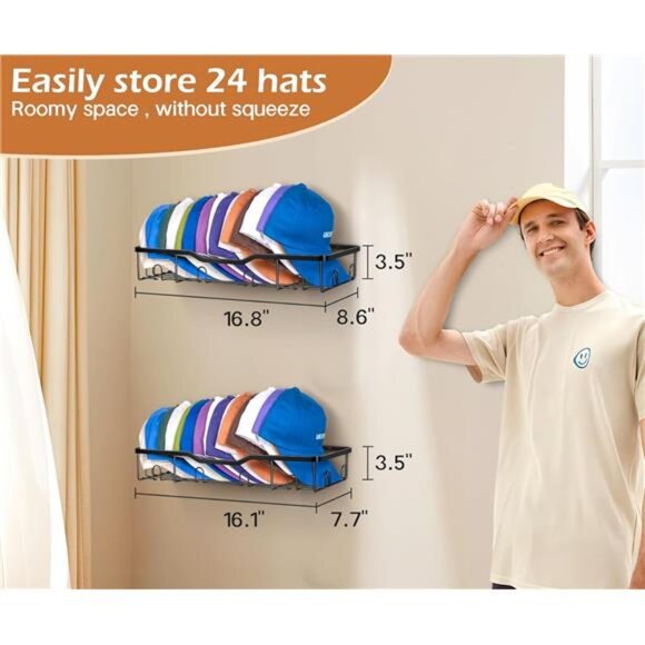 Metal Hat Racks for Baseball Caps Wall Hat Organizer Fit 20 Caps Holder - Picture 2 of 7